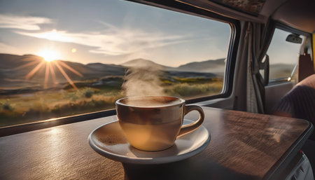 Coffee cup on the table in camper car at sunsetの素材