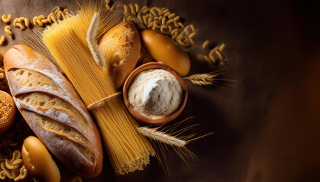 Close-up of different types of bread and cake on wooden tableの素材