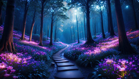 Fantasy forest with path and purple flowers. 3D Renderingの素材