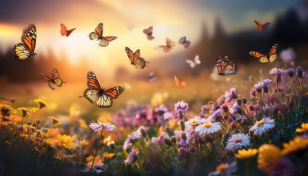 Beautiful meadow with flowers and butterflies at sunset. nature backgroundの素材