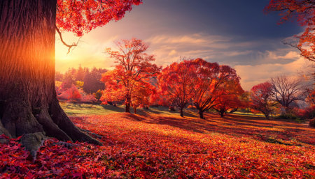 Autumn leaves in the park at sunset. Nature landscape background.の素材