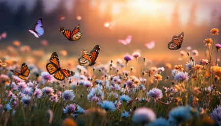 Butterflies on a flower meadow in the rays of the setting sunの素材
