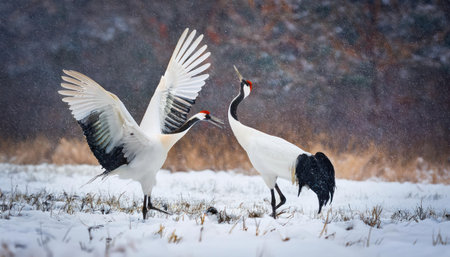 Two Red-crowned Cranes fighting in the snow.の素材