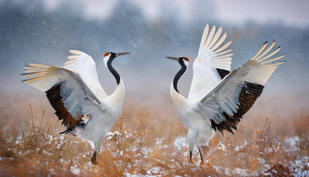 Red-crowned crane, Grus japonensis, pair of birds fighting in the snow in winterの素材