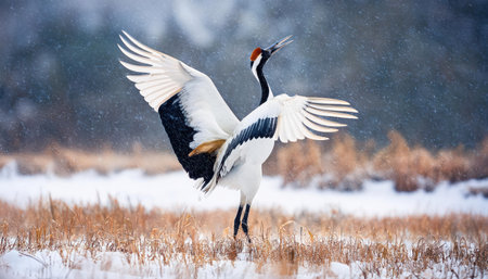 The Red-crowned crane, Grus japonensis, is a large bird of the crane family.の素材