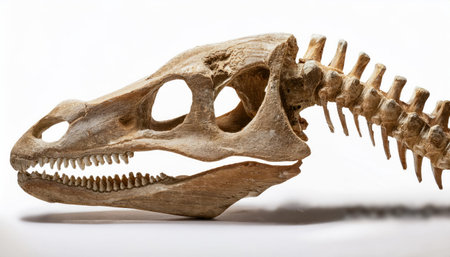 Dinosaur skeleton isolated on white background, closeup of animal skullの素材