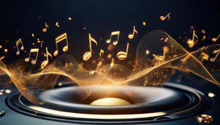 Music speaker with music notes on dark background. 3D Renderingの素材