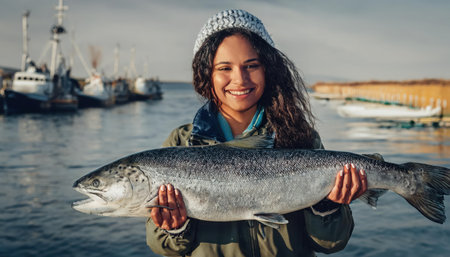 Beautiful young woman with long curly hair is holding a big salmon in her hands and smiling while standing on the pier near the fishing boatsの素材