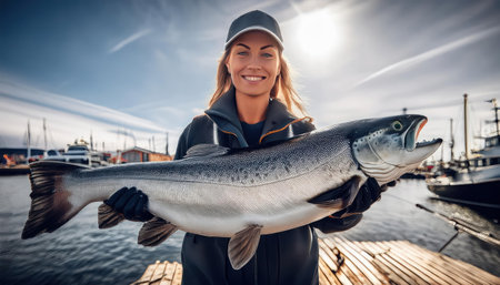 Beautiful woman holding a big salmon in her hands on a pierの素材