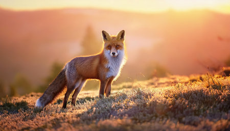 Red fox in the morning light at sunrise in the Scottish Highlands.の素材