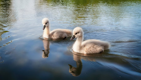 Two mute swans swimming in a lake with reflection in the waterの素材