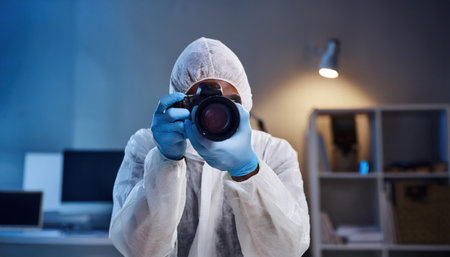 Professional photographer in protective suit and gloves taking picture with camera at nightの素材