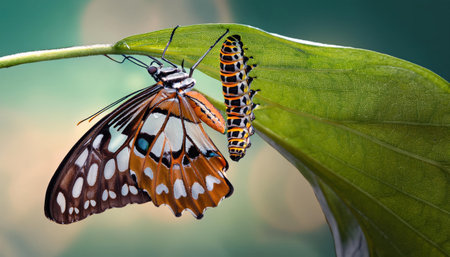 Butterfly mating on a green leaf in a natural environment.の素材