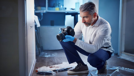 Professional photographer sitting on the floor and looking at camera in his officeの素材