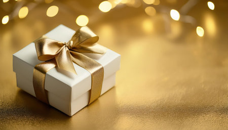 Gift box with golden ribbon on golden bokeh background.の素材