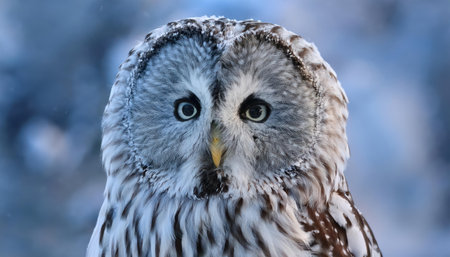 Great gray owl (Strix nebulosa) in winter.の素材