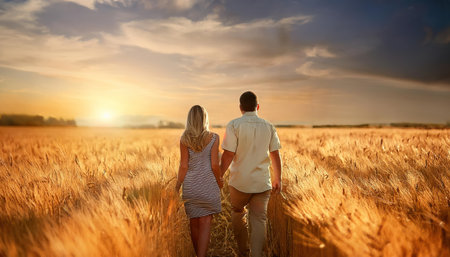 Couple in love walking in wheat field at sunset. Love and romance conceptの素材