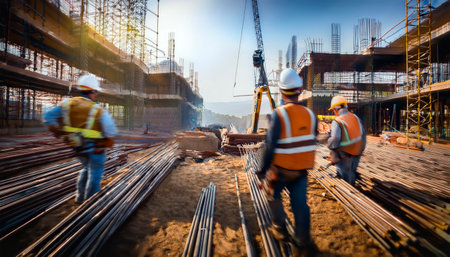 Construction workers are working on the construction site. Selective focus.の素材