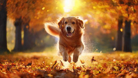 Golden retriever running in the autumn forest. Golden Retriever running in the autumn park.の素材