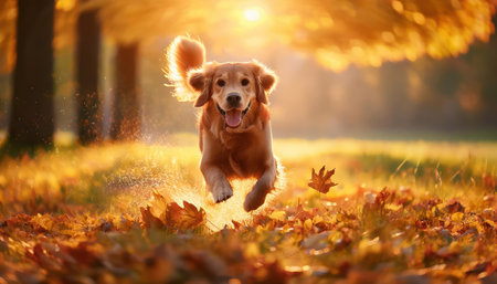 Golden Retriever running in the autumn park on a sunny dayの素材
