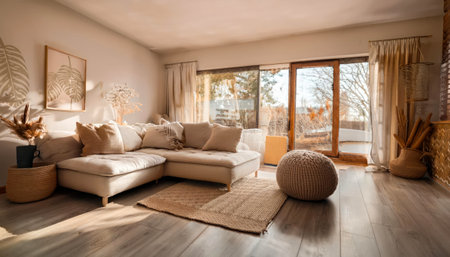 Interior of a modern living room with a sofa and cushionsの素材
