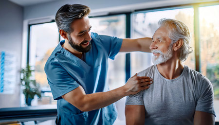 Portrait of young male physiotherapist working with senior patient.の素材