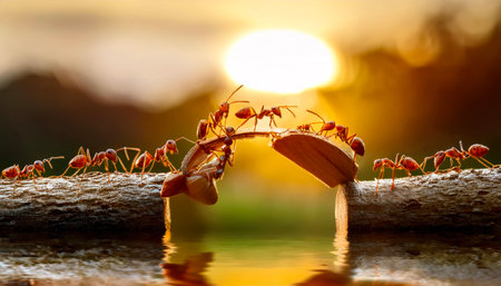 Ants on the wood with sunset in the background, teamwork conceptの素材