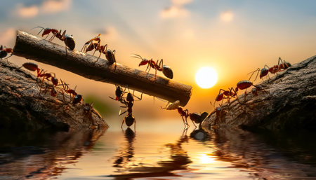 ant teamwork on the lake with sunrise background, concept teamwork and leadershipの素材