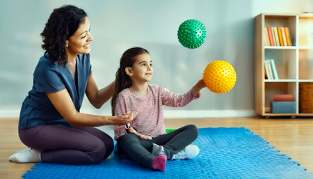 cheerful mother and daughter playing with fitness balls at home gymの素材