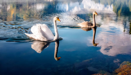 Two swans swimming on a lake with reflection in the water.の素材