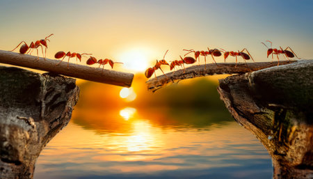 Ants on a wooden bridge over the river at sunset, teamwork conceptの素材