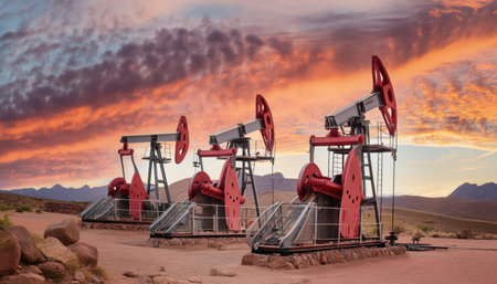 Oil pumps in the desert at sunset, USA. oil industryの素材