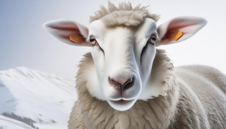 Sheep in the snow, close-up of sheeps headの素材