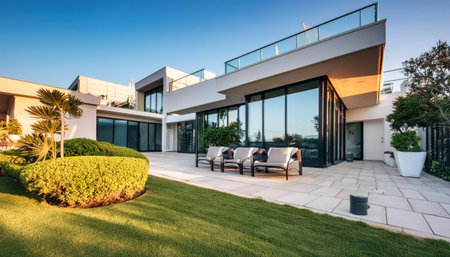 Exterior of modern house with garden and swimming pool. nobody insideの素材