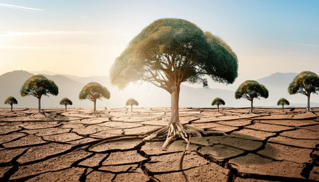 Conceptual image with a tree growing out of cracked earth.の素材