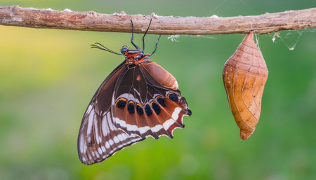 Butterfly hanging on a twig with a cocoon in the backgroundの素材