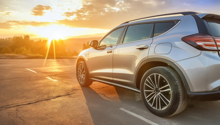 SUV car on the road at sunset. 3d rendering.の素材
