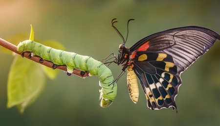Papilio machaon butterfly and caterpillar in natureの素材