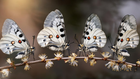 Butterflies mating on a twig of a flowering plant.の素材