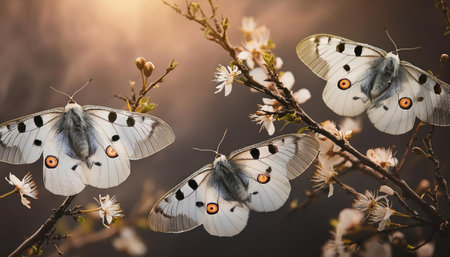 Butterfly on a branch of a tree with white flowers.の素材