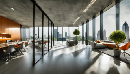 Modern office interior with panoramic city view. 3D Renderingの素材
