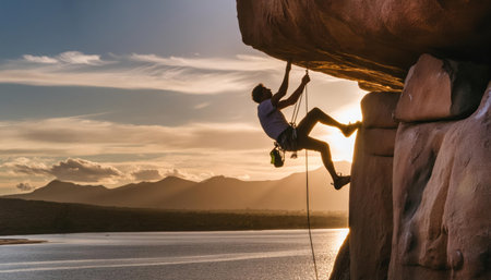Silhouette of a young man climbing on a rock at sunsetの素材