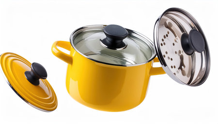 Yellow pan with lid and lid isolated on white background, clipping path includedの素材