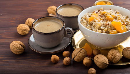 Oatmeal porridge with nuts and coffee on a wooden background.の素材