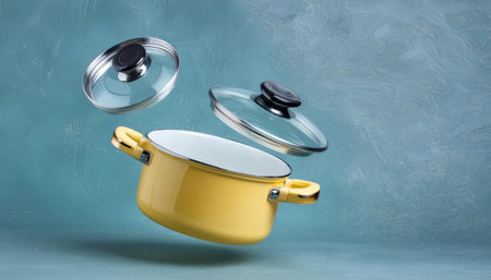 Yellow pan with lid levitating on blue background. 3d illustrationの素材