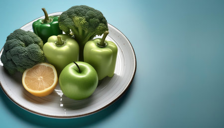 Healthy food background. Green apple, broccoli, lemon on a plate.の素材