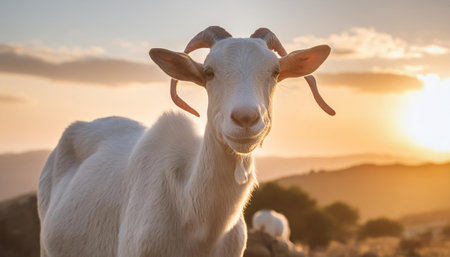 White goat on the background of a beautiful sunset. Close-up.の素材