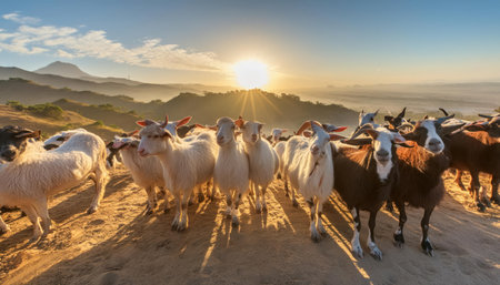 Herd of goats on the background of a beautiful sunset in the mountainsの素材