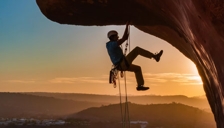 Silhouette of a man climbing a rock wall in the morningの素材