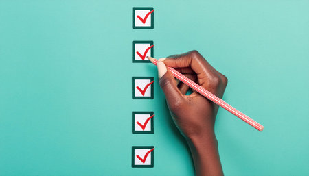 cropped view of african american woman holding pencil near checklist on green backgroundの素材
